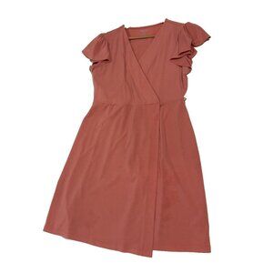Nine West Wrap Dress Womens Medium Coral Pink Flutter Sleeve V-Neck Short Mini